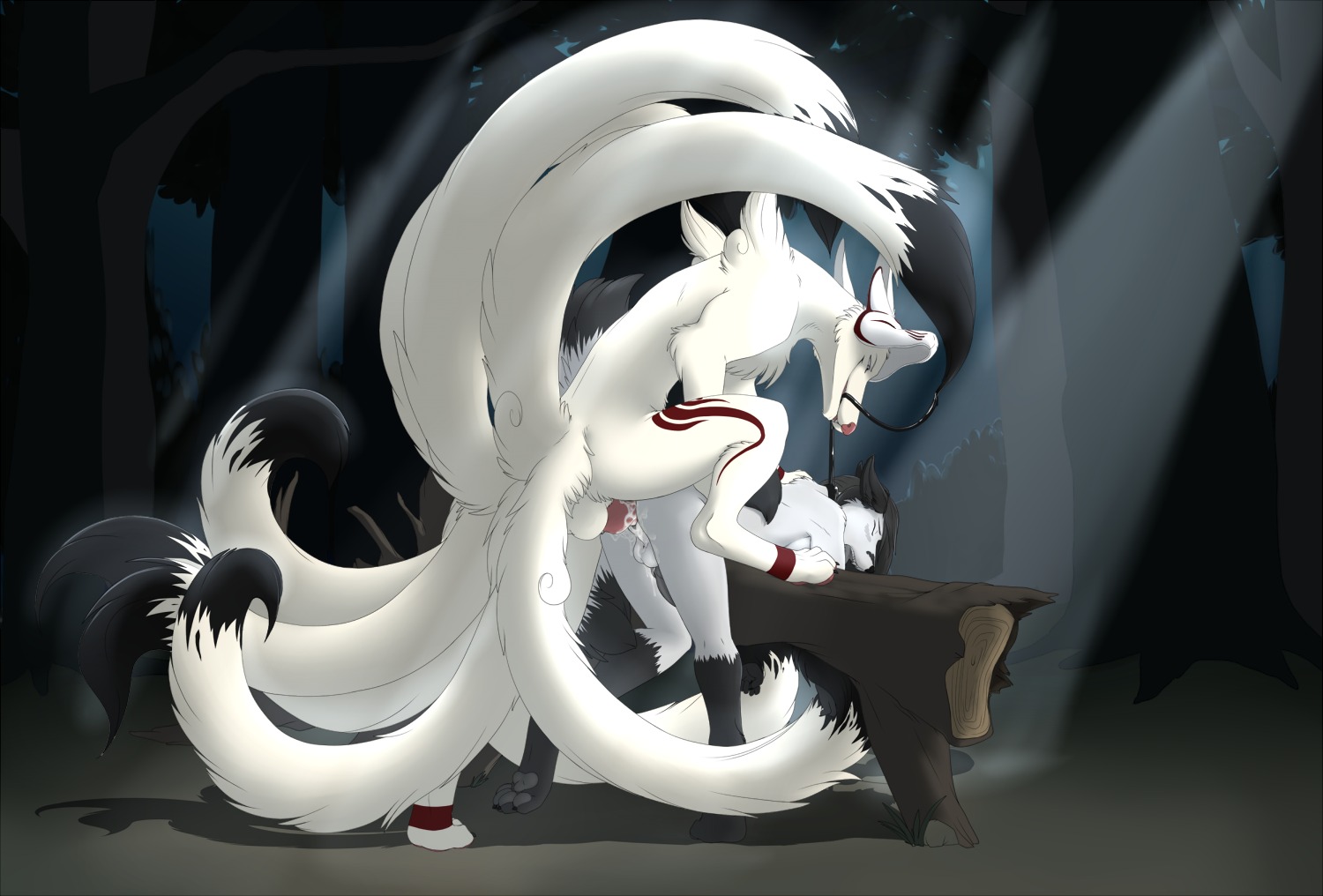 accelo anthro aoku balls black_hair breasts canid canine collar detailed_background dominant dominant_male duo e621 erection eyes_closed fluffy fluffy_tail forest fox fur genitals grey_body grey_fur grey_hair hair herm herm/male herm_penetrated intersex intersex/male intersex_penetrated knot leash long_hair male male_penetrating male_penetrating_herm male_penetrating_intersex mammal mask multi_tail nude outside penetration penis pink_nose plant rynn sex submissive submissive_herm submissive_intersex tail tree vaginal vaginal_penetration vulva white_body white_fur