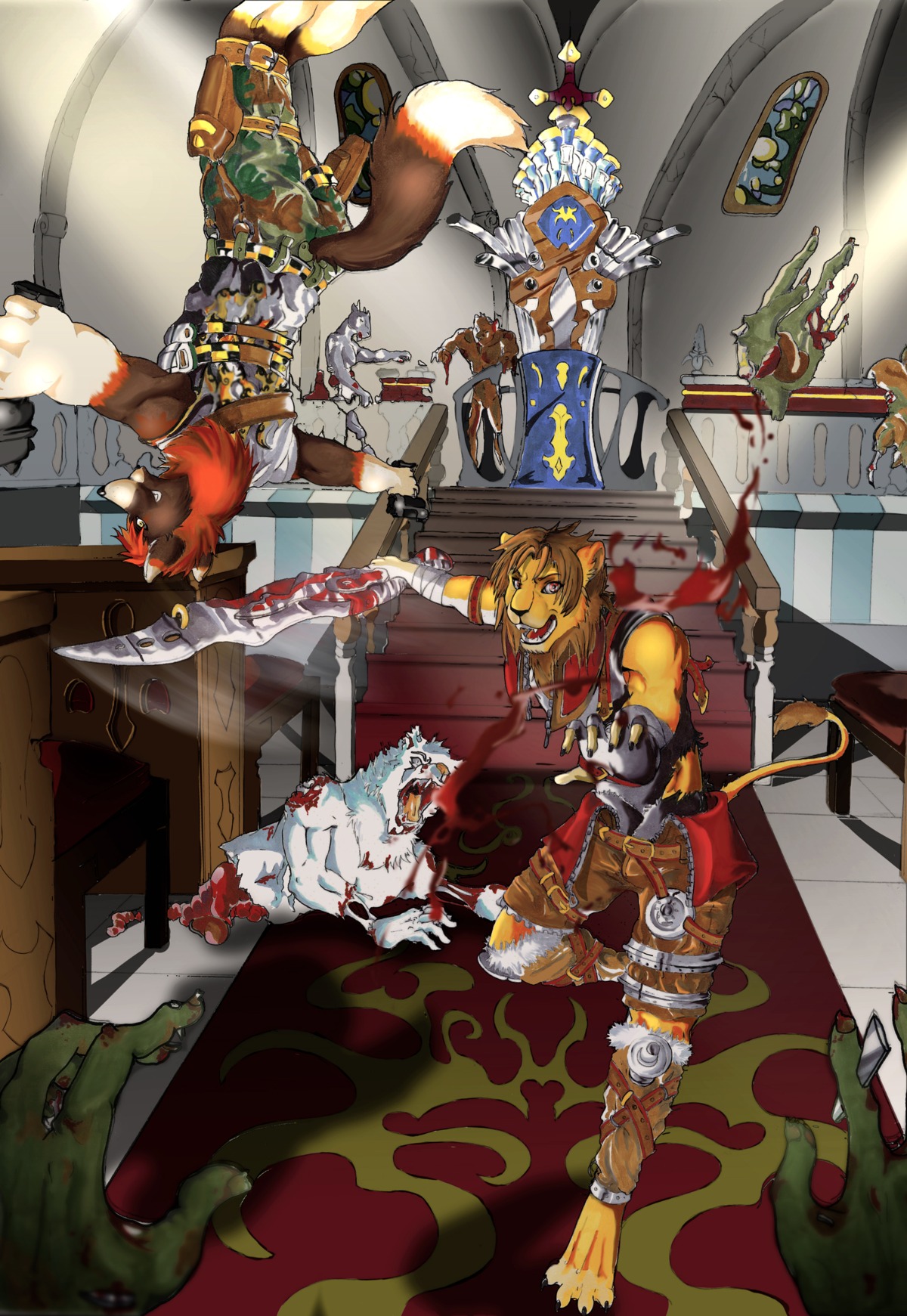 2011 absurd_res anthro barefoot blood bodily_fluids clothing detailed detailed_background dipstick_tail e621 feet fight gore group hi_res male markings melee_weapon ritsukaxan sword tail tail_markings undead violence warrior weapon zombie