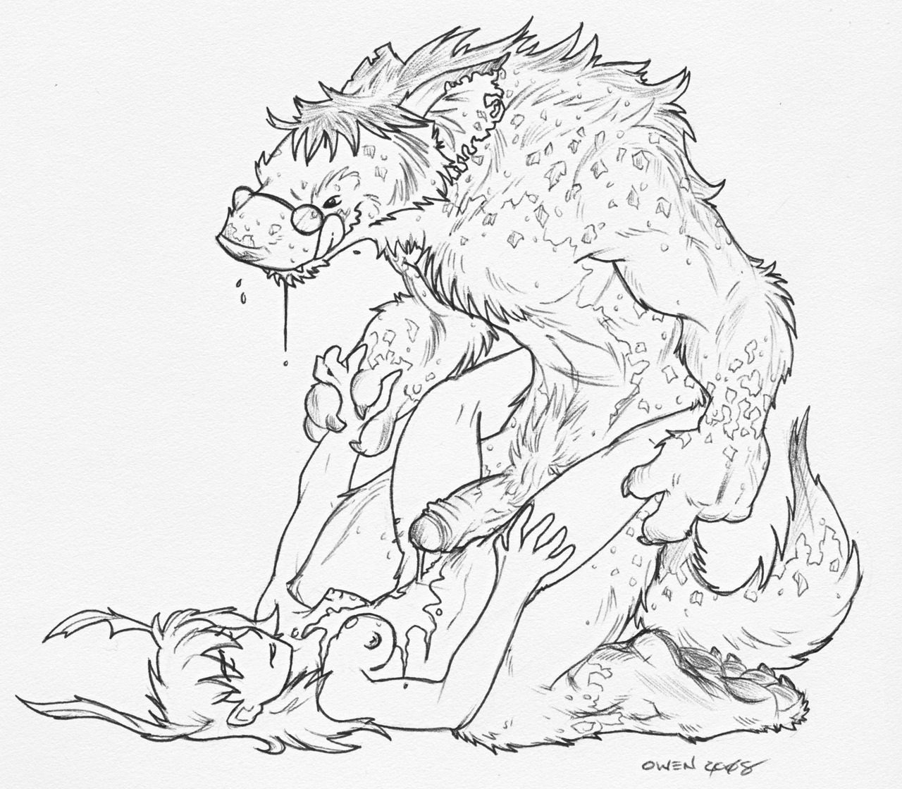1boy 1girls after_sex aggrobadger anthro_on_human breasts closed_eyes cum cum_on_body cum_on_breasts cum_on_lower_body drooling erection fangs female foreskin frottage glasses human_on_anthro hyena male monochrome monster_boy moth nude on_back penis rule34 sex simple_background sketch straight straight_hair uncircumcised uncut white_background