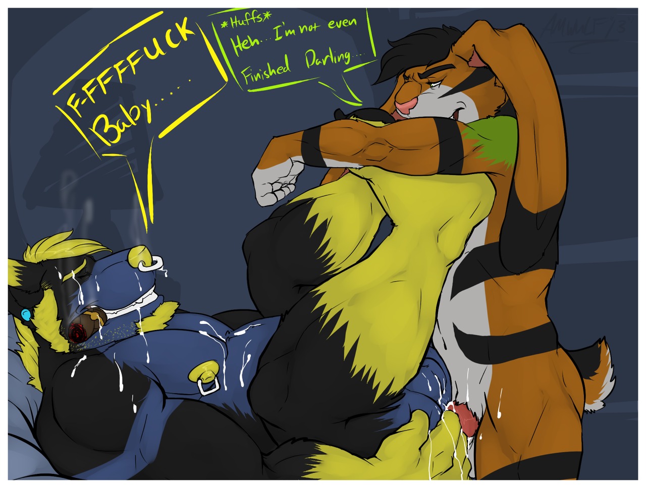 2013 ammy amwulf anal anal_penetration anthro balls biceps big_balls big_muscles big_penis black_body black_fur blue_body blue_fur bodily_fluids border canid canine canis cigar clenched_teeth cum cum_in_ass cum_inside cum_on_balls cum_on_face cum_while_penetrated duo e621 ear_piercing ejaculation english_text erection eyes_closed facial_hair facial_piercing from_front_position fur genital_fluids genitals goatee grin hair hands-free lagomorph legs_up leporid lying male male/male male_penetrated male_penetrating male_penetrating_male mammal markings missionary_position muscular muscular_male nipple_piercing nipples nose_piercing nose_ring nude on_back orgasm pecs penetration penis piercing rabbit ring_piercing septum_piercing sex smile smoke smoking teeth text white_border wolf
