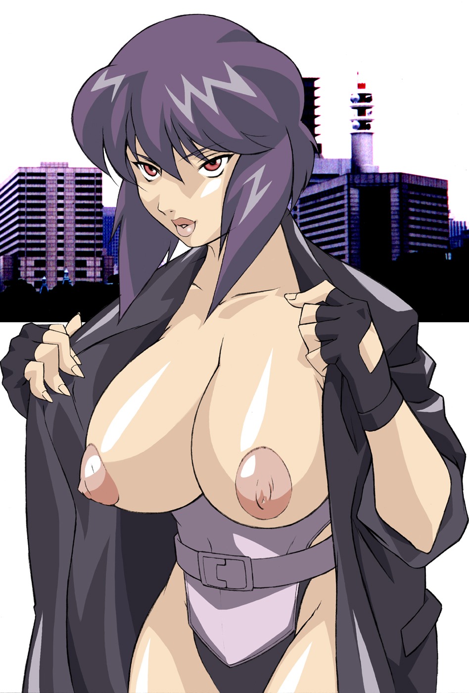 1girls artist_request breasts breasts_outside cyborg exhibitionism female female_only ghost_in_the_shell jacket kusanagi_motoko large_breasts light-skinned_female light_skin open_clothes open_coat opening_jacket purple_hair red_eyes rule34 short_hair sleeves_rolled_up solo tagme