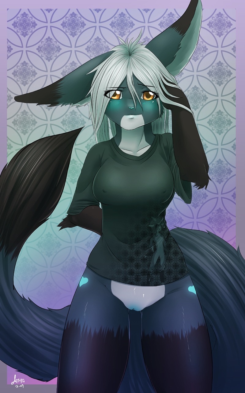 2011 5:8 anthro barely_visible_genitalia barely_visible_vulva blue_body blue_fur blush bottomless breasts canid canine clothed clothing e621 erunroe female fennec_fox fox fur genitals hair heart_symbol hi_res looking_at_viewer mammal nipple_outline panthea solo tail true_fox vulva white_hair
