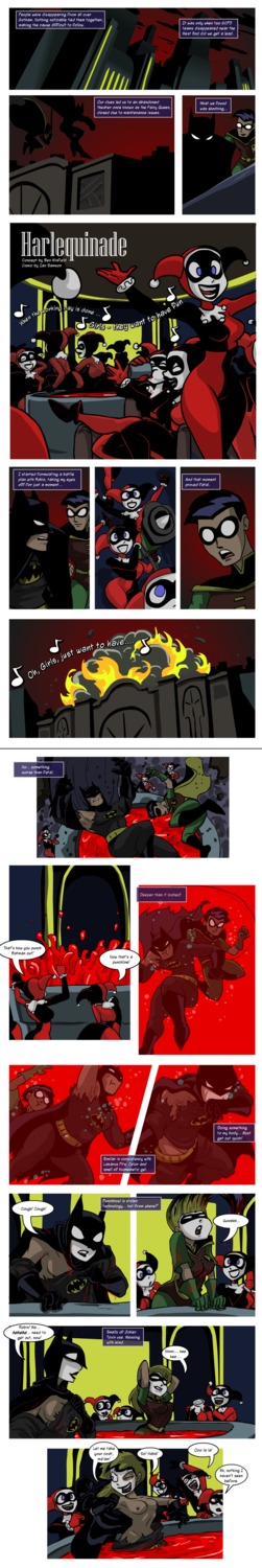 2boys batman batman_(bruce_wayne) batman_(series) breasts bruce_wayne comic dc dc_comics dcau dialogue dick_grayson_(dcau) female gender_transformation harlequinade harley_quinn harley_quinn_(classic) ics joker male mtf_transformation multiple_females multiple_girls nipples robin_(batman:_the_animated_series) robin_(dc) rule34 speech_bubble transformation undressing