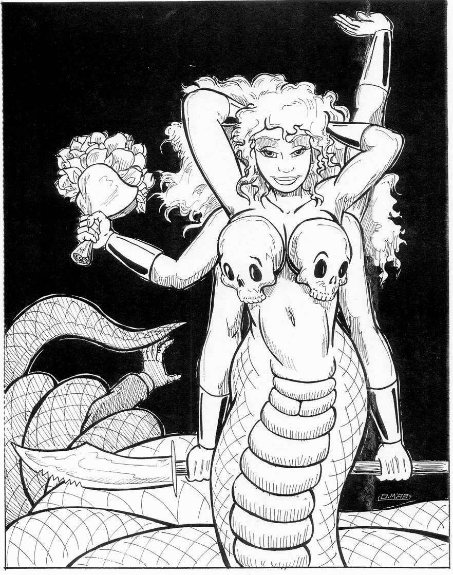 1998 6_arms anthro armor bedroom_eyes big_breasts blonde_hair bone bouquet bracers breasts coiling curly_hair demon duo e621 female flower greyscale guan_dao hair half-closed_eyes holding_flower holding_object humanoid long_hair looking_at_viewer marilith melee_weapon monochrome multi_arm multi_limb narrowed_eyes navel non-mammal_breasts oscar_marcus plant polearm scalie seductive skull skull_bra skull_pasties smile solo_focus weapon