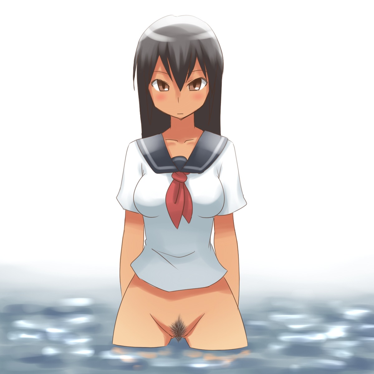 black_hair bottomless brown_eyes female highres no_panties original pubic_hair rule34 school_uniform serafuku solo submerged uncensored water