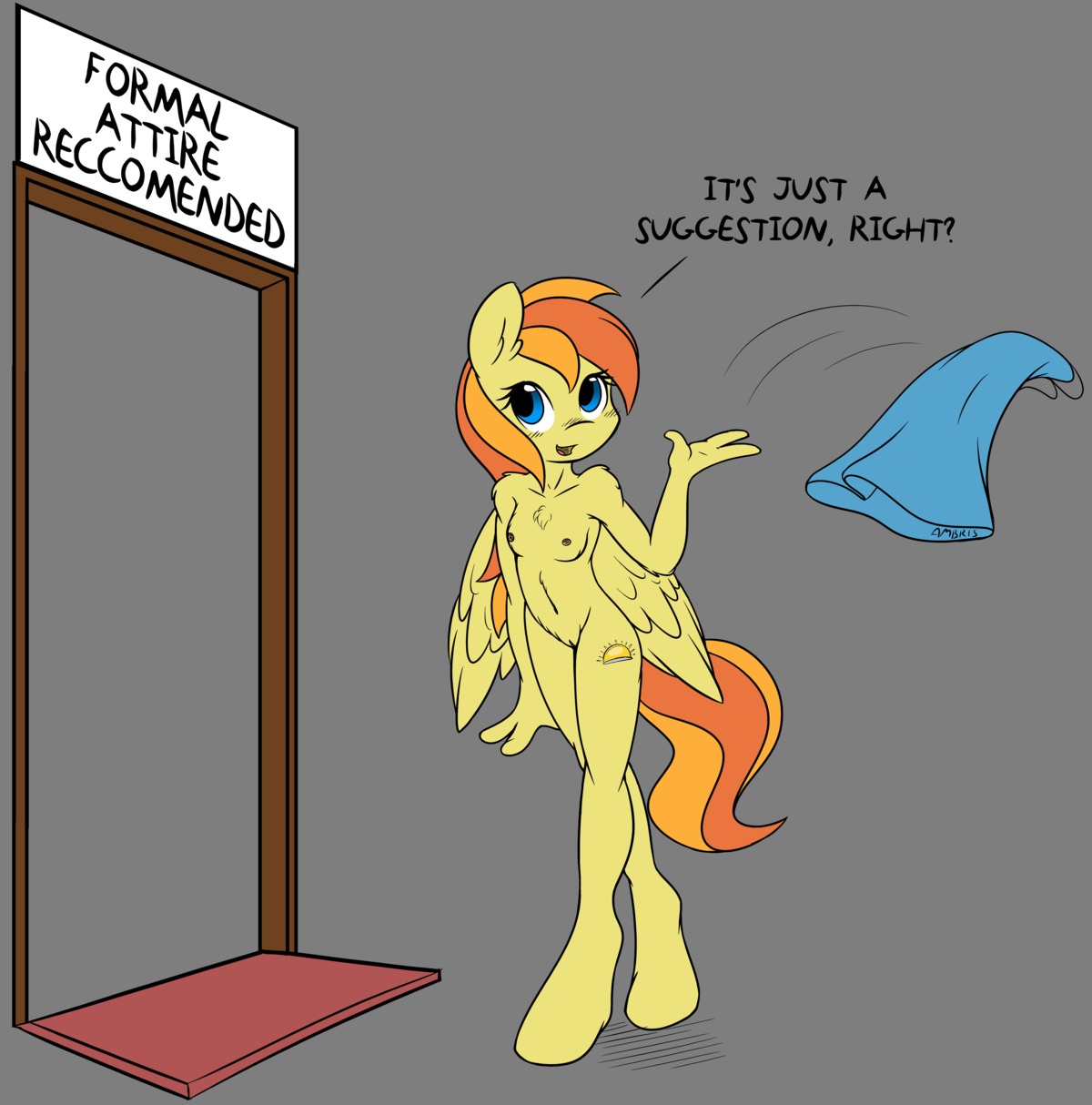 2013 absurd_res alpha_channel ambris anthro anthrofied biped blue_eyes breasts clothing cutie_mark dalomir dialogue door dress e621 english_text equid equine fan_character feathered_wings feathers female genitals hair hasbro hi_res mammal multicolored_hair my_little_pony mythological_creature mythological_equine mythology navel nipples nude orange_hair pegasus simple_background solo standing text transparent_background two_tone_hair vulva wings