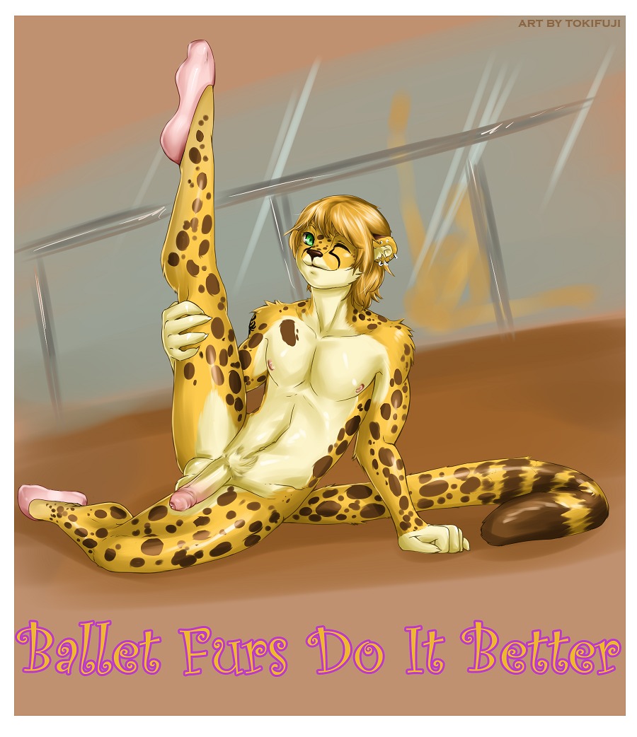 2010 anthro ballet balls bar biped blonde_hair border brown_body brown_eyes brown_fur brown_spots cheetah clothing countershading dance_shoes dancewear demi-pointe_shoes e621 ear_piercing english_text felid feline femboy flexible footwear foreskin fur genitals green_eyes hair half-erect humanoid_genitalia humanoid_penis long_hair looking_at_viewer male mammal markings multicolored_body multicolored_fur navel nipples nude one_eye_closed one_leg_up partially_retracted_foreskin pecs penis piercing pink_nipples pink_penis pubes raised_leg shoes slim smile solo spots spotted_body spotted_fur spread_legs spreading stretching tail text tokifuji urethra white_border wink yellow_body yellow_fur