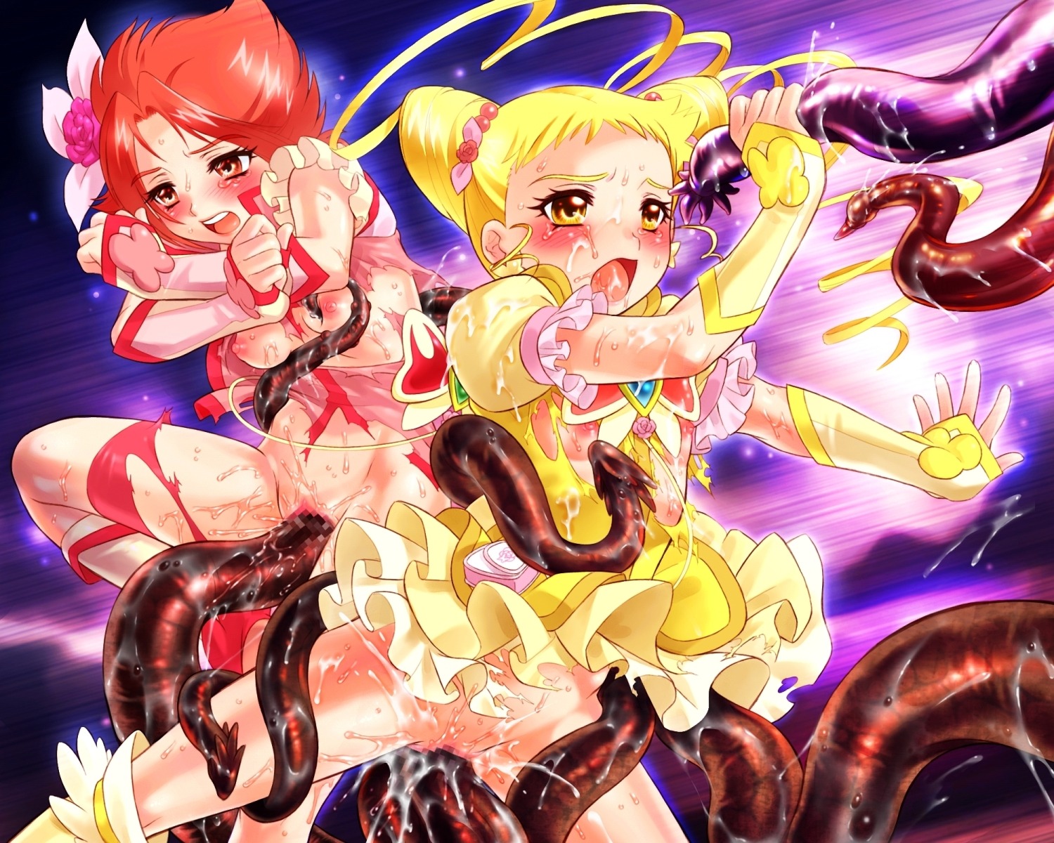 blush breasts censored clothing cum cure_lemonade cure_rouge female flat_chest magical_girl nekozawa_yukari precure pretty_cure rin_natsuki rule34 shorts sippo-soft small_breasts tagme tentacle torn_clothes urara_kasugano