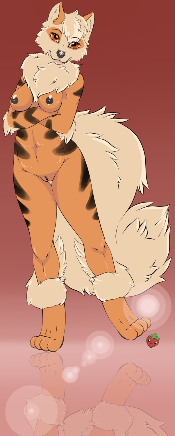 anthro arcanine black_fur black_nose breasts color crossed_arms exposed_breasts eyes female female_only front_view fur furry furry_breasts furry_tail ichigo-sama looking_at_viewer nose nudity open_eyes orange_eyes orange_fur pokemon pokemon_(species) pussy rule34 solo tail vulva