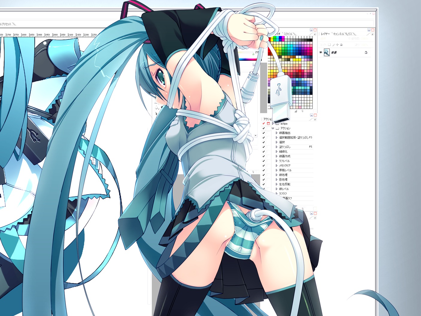 1girl anal anal_insertion anal_object_insertion aqua_eyes aqua_hair armpits arms_up ass bdsm bondage bound buttplug charging detached_sleeves female female_only gagged hatsune_miku long_hair looking_back murakami_suigun necktie panties restrained rope rule34 sex_toy skirt skirt_lift solo striped striped_panties thighhighs twintails underwear usb very_long_hair vocaloid