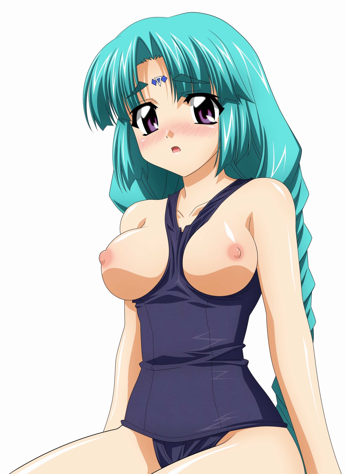 1girls between_breasts blue_eyes blush breasts canal_vorfeed clothes_between_breasts female highres lost_universe nipples one-piece_swimsuit rule34 school_swimsuit solo sugimura_tomokazu swimsuit