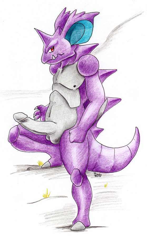anthro anthrofied balls big_ears e621 erection generation_1_pokemon genitals horn looking_at_viewer male nidoking nintendo nude penis pinup pitch-black-crow pokemon pokemon_(species) pokemorph pose purple_body red_eyes scalie simple_background solo spines tail white_background