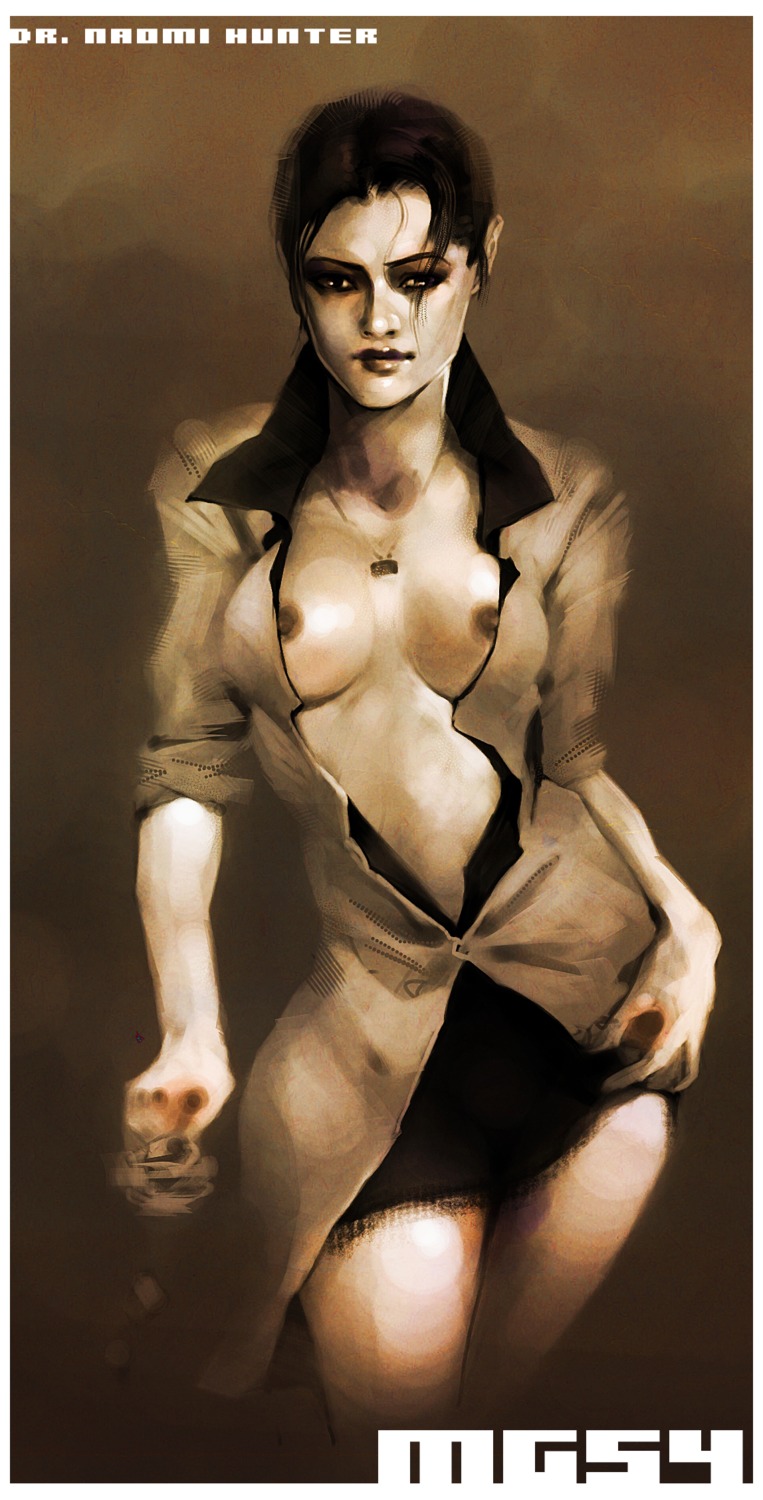 breasts erect_nipples female female_only highres human jewelry lips metal_gear metal_gear_solid metal_gear_solid_4 naomi_hunter necklace nipple_slip nipples open_clothes open_shirt ponytail realistic rule34 scientist shirt skirt solo tied_hair