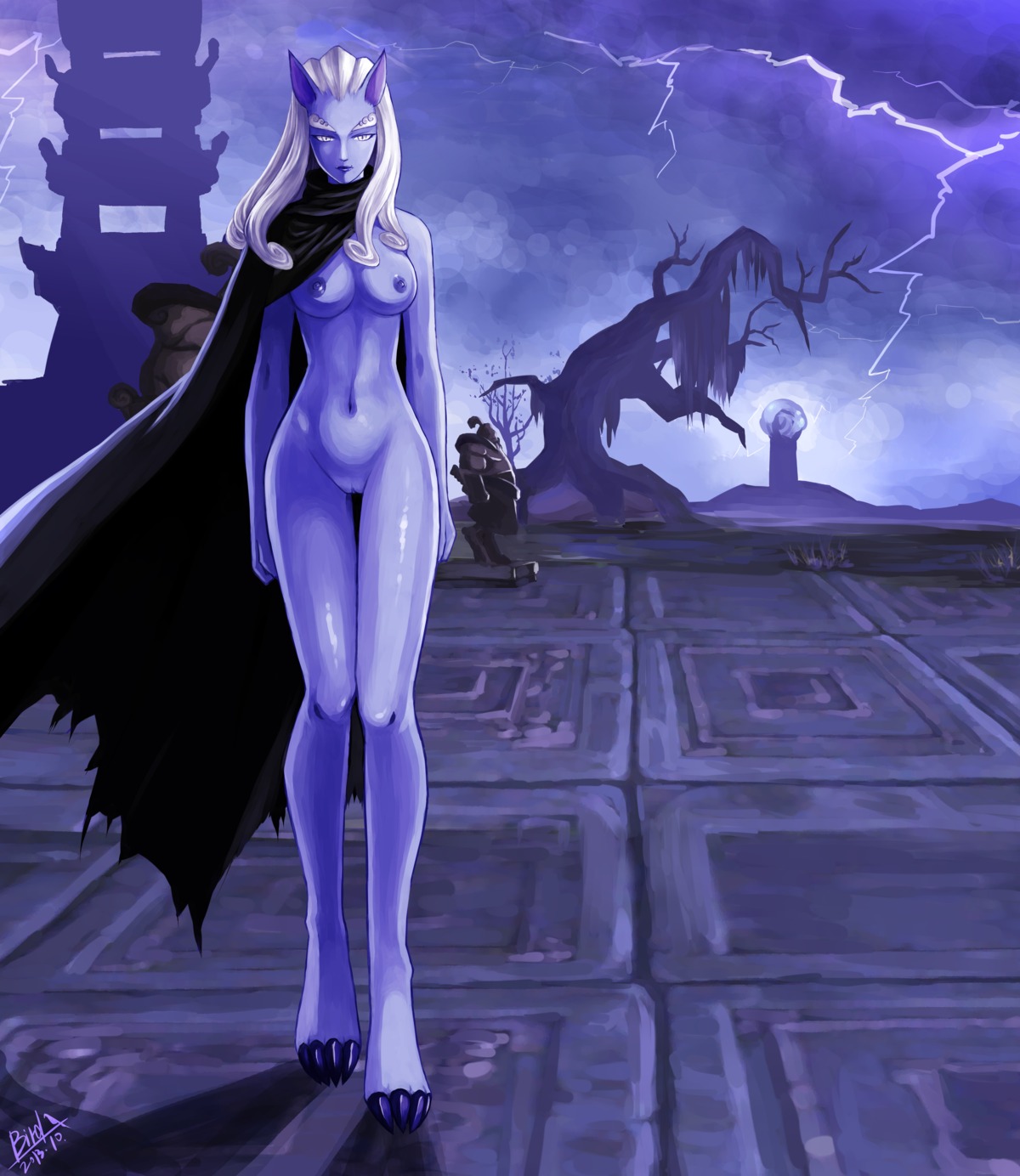 absurd_res blizzard_entertainment breasts cape clothing e621 female genitals hair hi_res humanoid humanoid_pointy_ears moaningbird mogu navel nipples nude pointy_ears purple_body purple_eyes purple_skin solo vulva warcraft white_hair