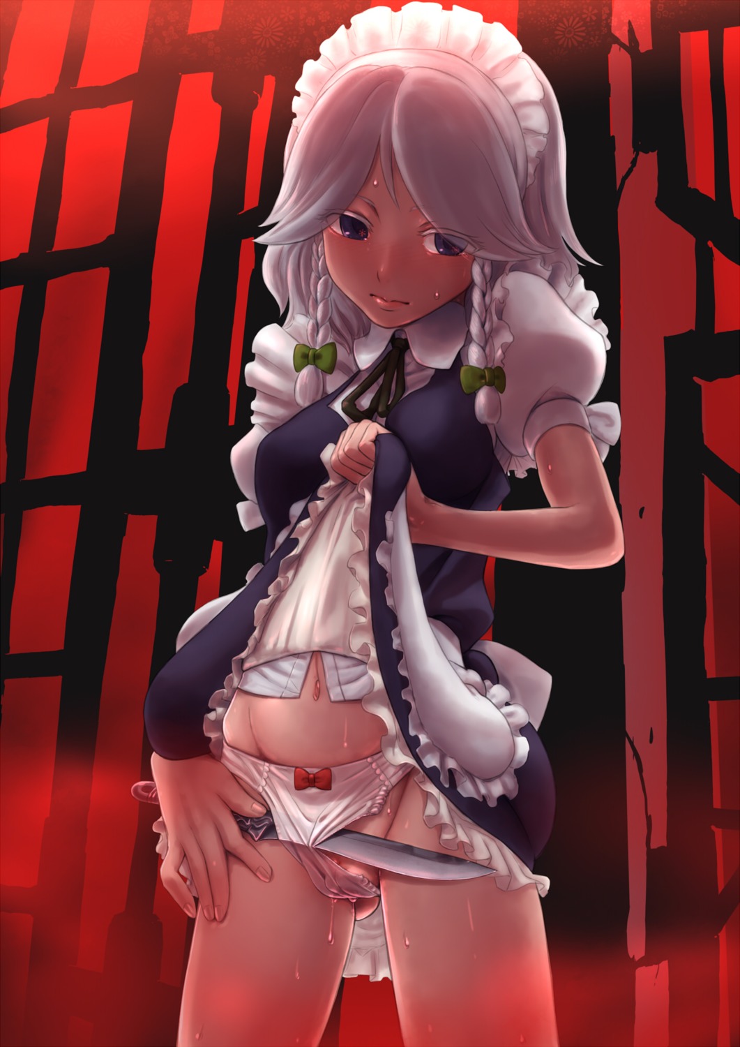 blue_eyes blush braid cutting female highres knife maid_headdress musen-shiki_sanhankikan navel panties pussy rule34 sakuya_izayoi see-through see-through_panties short_hair silver_hair skirt skirt_lift solo sweat throwing_knife touhou twin_braids uncensored underwear weapon white_panties