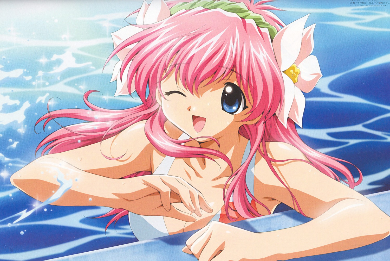 bikini broccoli female flower galaxy_angel happy highres kimura_masahiro milfeulle_sakuraba pink_hair rule34 smile solo swimsuit