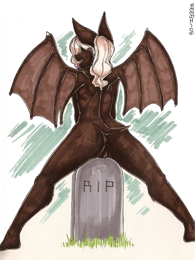 2006 anthro anus bat biped blonde_hair digital_media_(artwork) e621 female genitals hair looking_back mammal marker_(artwork) meesh membrane_(anatomy) membranous_wings nude pinup pose presenting solo tombstone tongue tongue_out traditional_media_(artwork) vulva wings