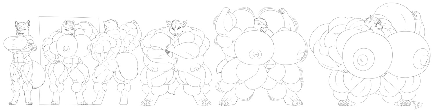 abby_(abby) absurd_res anthro big_breasts breast_expansion breasts canid canine e621 expansion female genitals growth hi_res huge_breasts hyper hyper_breasts lesang mammal mirror monochrome muscle_growth muscular muscular_anthro muscular_female nipples solo steroids swelling vulva young