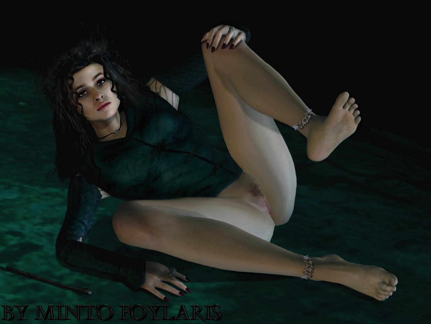 1girls 3d ankle_bracelets barefoot bellatrix_lestrange black_hair bottomless female female_only harry_potter helena_bonham_carter long_hair looking_at_viewer mintofoularis nail_polish nipples on_floor on_side pinup pubic_hair pussy ring rule34 slytherin solo solo_female spread_legs uncensored wand witch_(harry_potter) xnalara