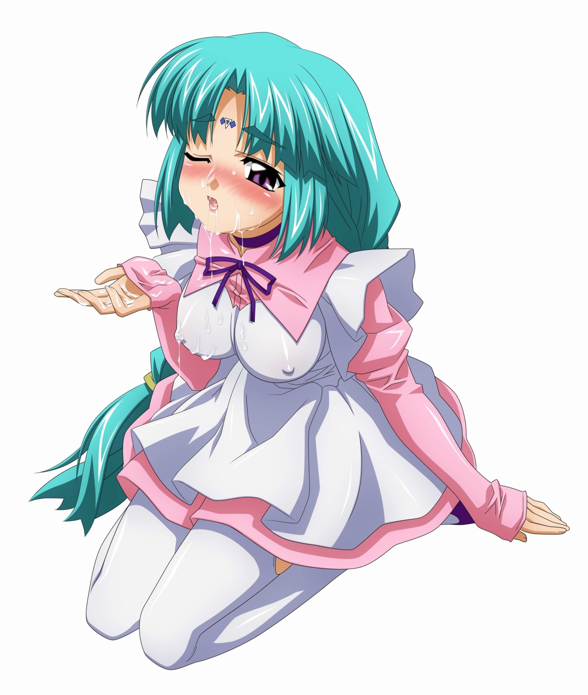 1girls blush breasts canal_vorfeed choker cum cum_in_mouth cum_on_body cum_on_breasts cum_on_upper_body cumdrip erect_nipples facial female highres long_hair lost_universe maid nipples rule34 solo sugimura_tomokazu thighhighs wink