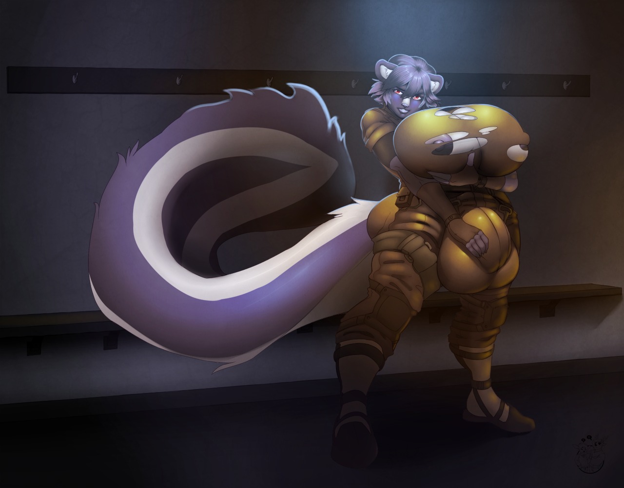 anthro areola armor balls_outline big_breasts big_butt biped boosterpang breasts bulge busty_boy_(lore) butt clothed clothing detailed_bulge e621 famfrit fully_clothed genital_outline gynomorph huge_breasts intersex looking_at_viewer louis_(grendelrat) male_(lore) mammal mephitid nipples skunk solo standing torn_clothing