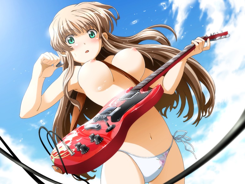 1girls between_breasts bikini bikini_bottom_only blush breasts brown_hair cg day eroge female female_only game_cg green_eyes guitar instrument kashiwara_sarina katakura_shinji kira_kira large_breasts long_hair nipples overdrive rule34 side-tie_bikini_bottom solo strap_between_breasts swimsuit topless white_bikini