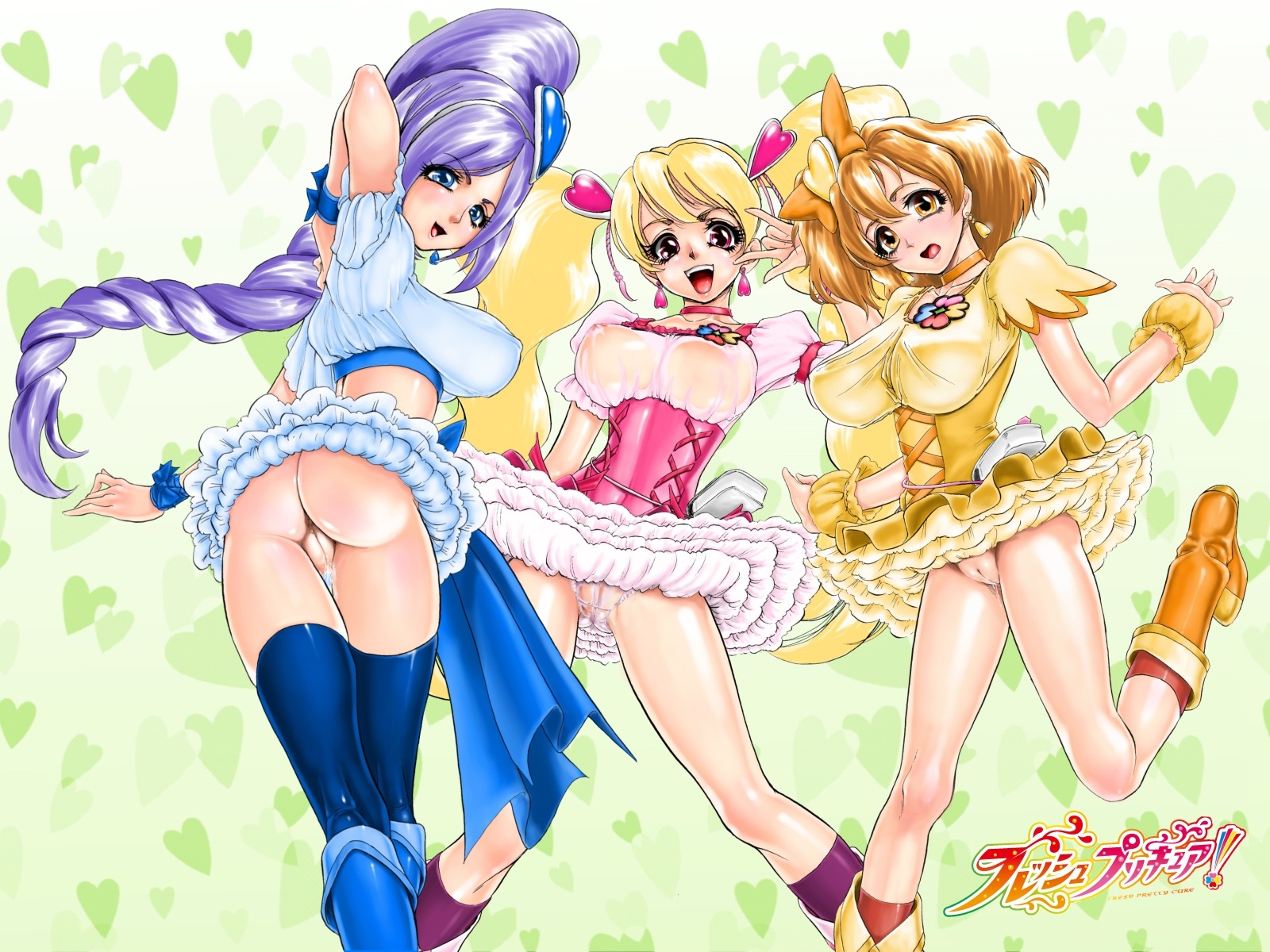 3girls aono_miki ass bottomless bow breasts clothing cure_berry cure_peach cure_pine dress female fresh_precure! fresh_pretty_cure inori_yamabuki large_breasts long_hair magical_girl miki_aono momozono_love multiple_females multiple_girls open_mouth panties precure pretty_cure rule34 see-through see-through_clothing stockings twintails xopc yamabuki_inori