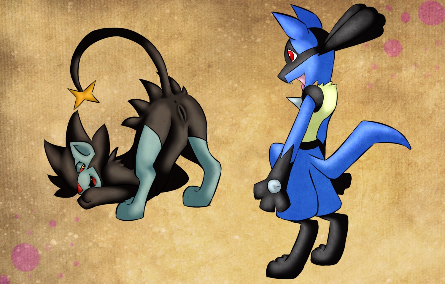 all_fours anthro anus ass_up black_body black_fur blue_body blue_fur bottomwear bulge butt canid canine clothed clothing digitigrade duo e621 erection erection_under_clothing fangs felid female feral fur generation_4_pokemon genitals half-closed_eyes hi_res looking_back lucario luxray male mammal narrowed_eyes nintendo open_mouth pants penis pokemon pokemon_(species) presenting presenting_hindquarters raised_tail red_eyes smile spikes spread_legs spreading tail teeth tenting tongue tongue_out unknown_artist vulva yellow_body yellow_fur