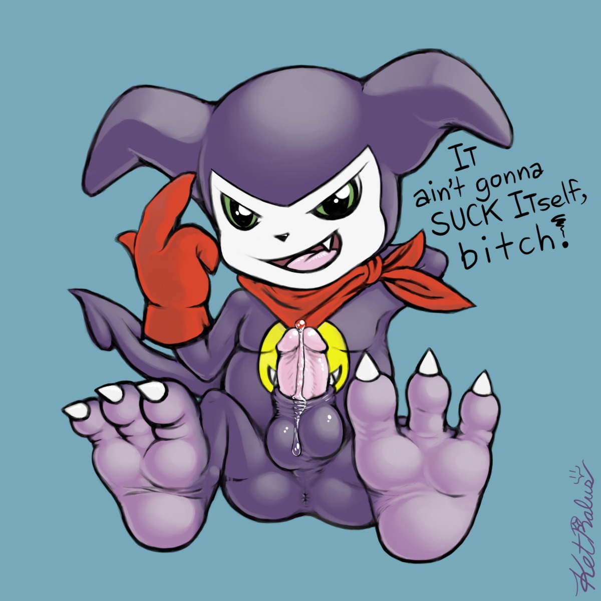1:1 3_toes animal_genitalia anus backsack balls bandai_namco barefoot bodily_fluids butt cum dialogue digimon digimon_(species) dominant e621 english_text erection feet genital_fluids genitals hi_res hindpaw humanoid humanoid_genitalia humanoid_penis impmon inviting it_ain't_gonna_do_itself ket-ralus looking_at_viewer male nude paws penis precum presenting purple_balls sheath shortstack shortstack_male sitting solo tail text toes