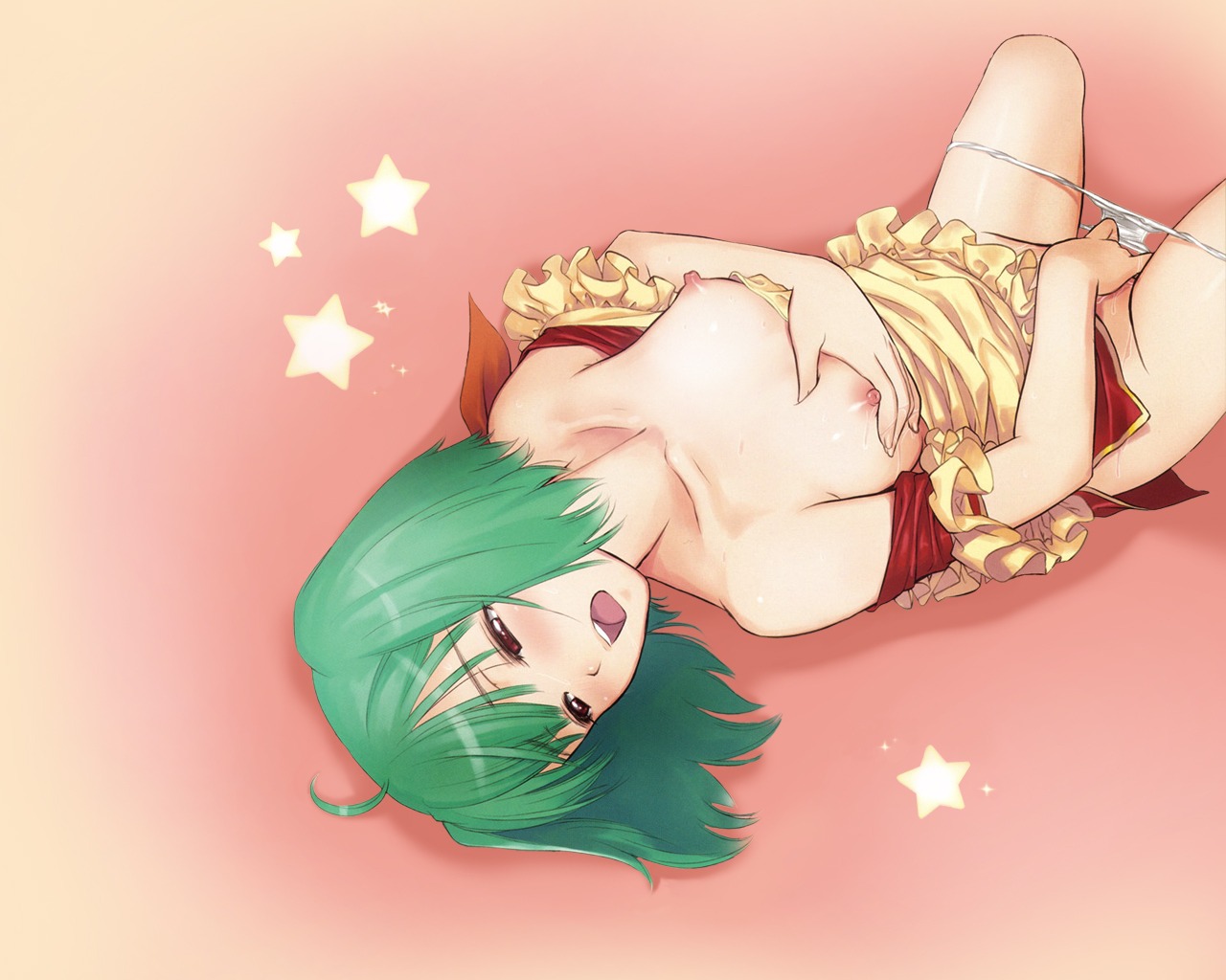 1girls ahoge blush breast_grab breasts clothed_masturbation clothing erect_nipples female female_only green_hair highres macross macross_frontier masturbation nipples no_bra no_panties open_mouth panties panty_pull pussy pussy_juice ranka_lee rule34 self_fondle short_hair small_breasts solo star taka_tony thighs underwear wallpaper wet