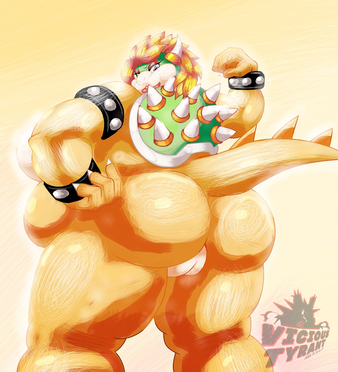 2014 anthro big_butt bowser butt crossgender e621 eyelashes female flexing genitals hair half-closed_eyes hi_res koopa looking_at_viewer looking_back mario_bros mtf_crossgender muscular muscular_anthro muscular_female narrowed_eyes nintendo nude overweight overweight_anthro overweight_female scalie shell short_hair solo spikes thick_thighs vicioustyrant vulva wide_hips wristband