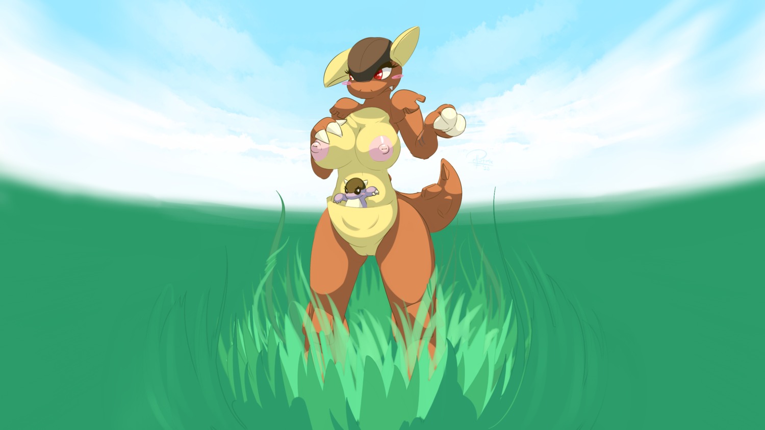 16:9 2013 anthro baby_kangaskhan blush blush_stickers breasts casual_nudity claws cloud detailed_background digital_media_(artwork) duo e621 elpatrixf fangs female generation_1_pokemon genitals grass hi_res in_pouch kangaskhan mature_anthro mature_female mother_(lore) mother_and_child_(lore) neonate nintendo nipples nude nude_female outside parent_(lore) parent_and_child_(lore) pink_nipples plant pokemon pokemon_(species) pokemorph pouch_(anatomy) red_eyes social_nudity teeth vulva wallpaper widescreen young