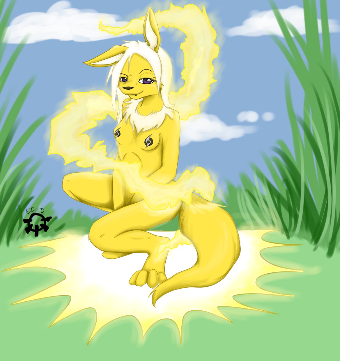 anthro breasts color day edthevixen eeveelution electricity female female_only fur furry grass jolteon nintendo nipples nude outdoors pokemon pokemon_(species) purple_eyes rule34 solo squatting tagme yellow_eyes
