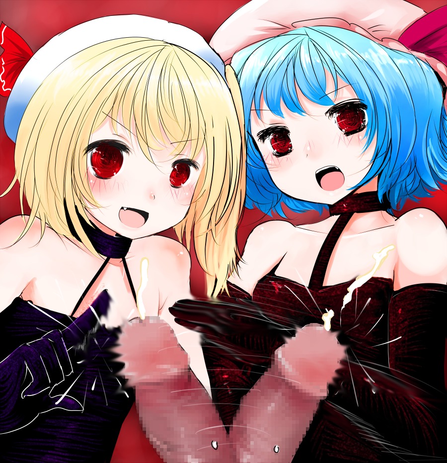 blonde_hair blue_hair censored cum cute_fang dark-skinned_male dark_skin ejaculation elbow_gloves female femdom flandre_scarlet flicking gloves han64 han_(jackpot) hat male multiple_females multiple_girls open_mouth penis red_eyes remilia_scarlet ruined_orgasm rule34 short_hair siblings sisters slap slapping slapping_penis smile teamwork touhou