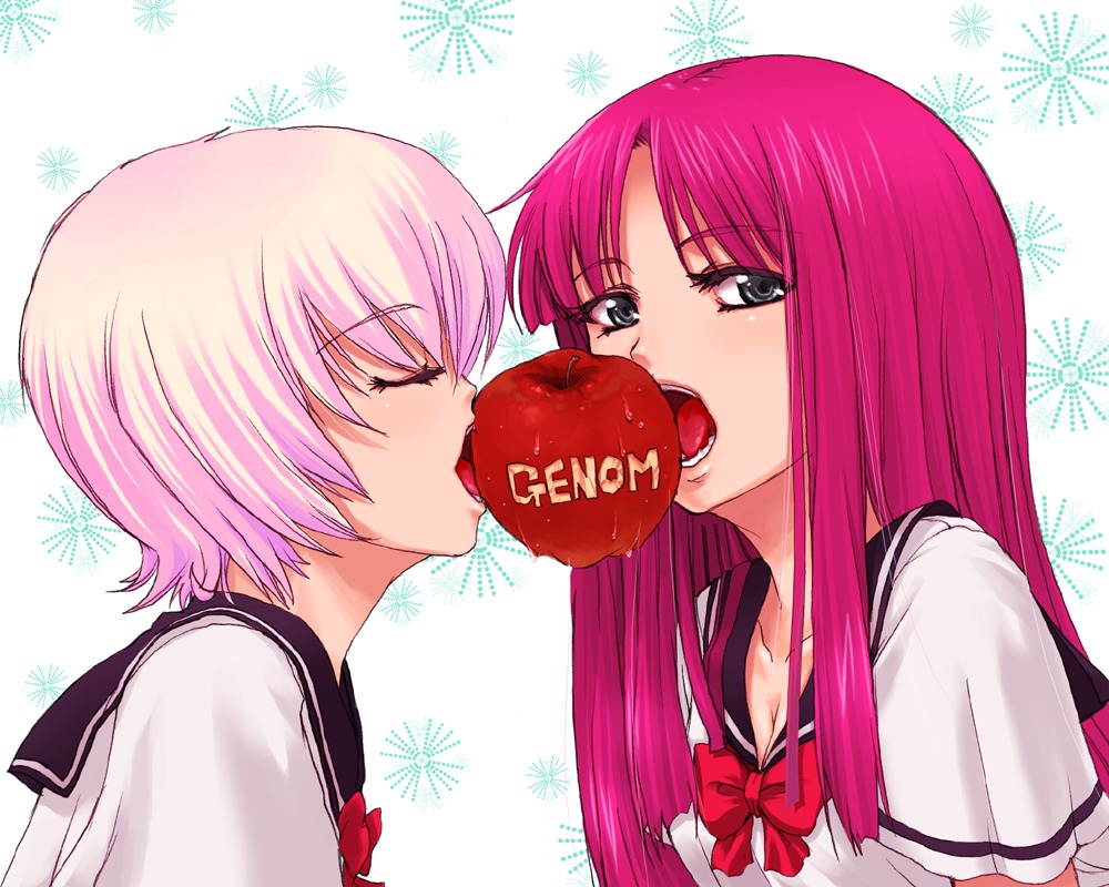 2girls air_gear apple blue_eyes female food fruit genom long_hair mouth_hold multiple_females multiple_girls noyamano_ringo object_namesake onija_taro onija_tarou pink_hair rule34 saliva school_uniform seifuku serafuku short_hair simca yuri