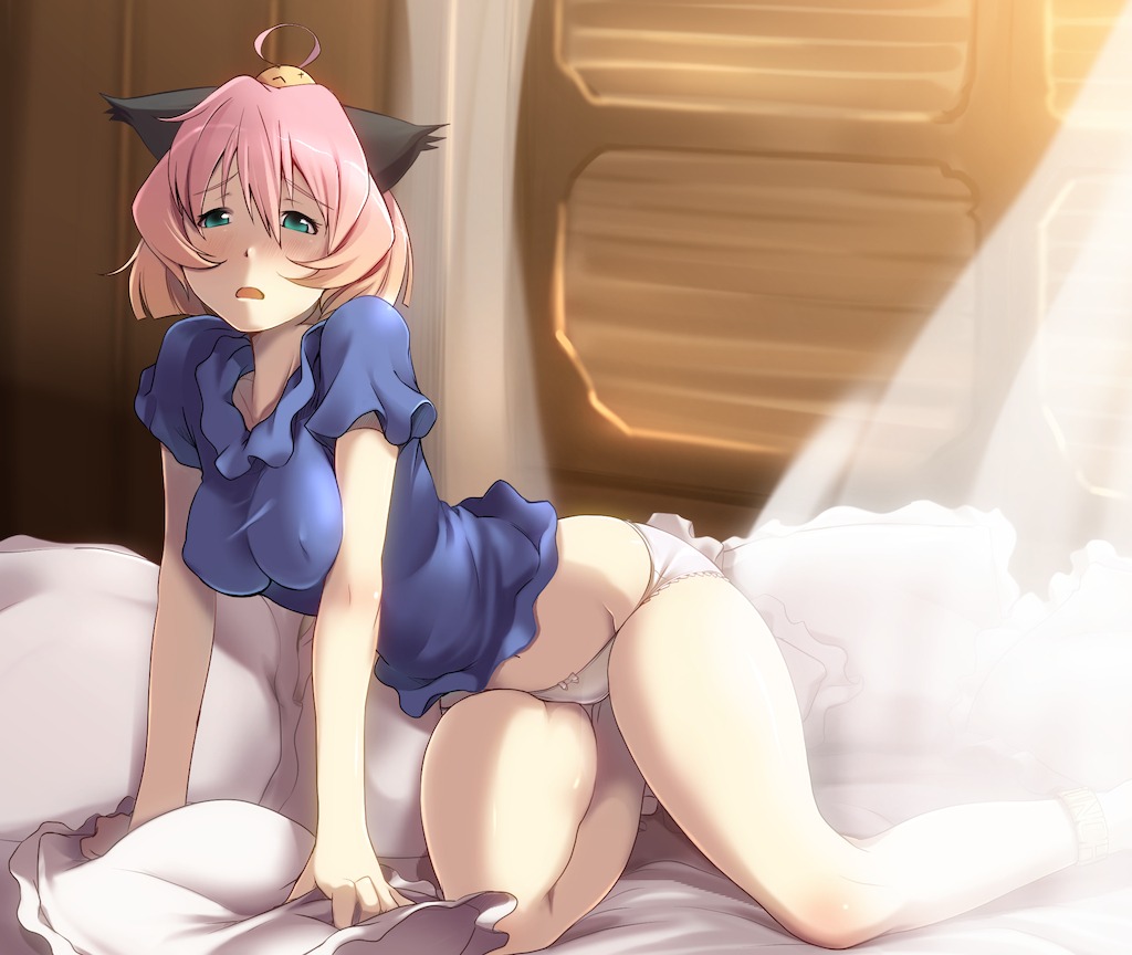 1girls animal_ear bent_over big_breasts blonde_hair blue_eyes blush breasts female gradient_hair green_eyes honihoni honis kneeling large_breasts multicolored_hair open_mouth panties pink_hair potemayo potemayo_(character) rule34 short_hair sitting solo taut_shirt underwear