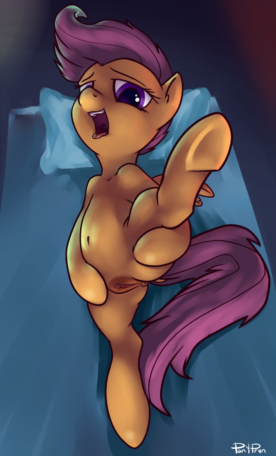2014 absurd_res animal_genitalia animal_vulva anthro anus biped e621 equid equine equine_genitalia equine_vulva feathered_wings feathers female feral friendship_is_magic fur genitals hair hasbro hi_res loli lying mammal my_little_pony mythological_creature mythological_equine mythology navel on_side one_leg_up open_mouth orange_body orange_feathers orange_fur pegasus pillow ponypron purple_body purple_eyes purple_fur raised_leg scootaloo_(mlp) solo tongue vulva wings young young_feral