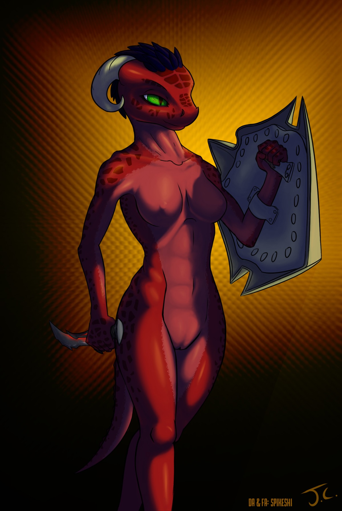 5_fingers anthro argonian breasts dagger e621 female fingers genitals geometric_background gradient_background green_eyes hair hi_res horn melee_weapon microsoft non-mammal_breasts nude pseudo_hair red_body retro_parasite scale_hair scales scalie shield short_hair signature simple_background solo tail the_elder_scrolls three-quarter_view vulva walking weapon