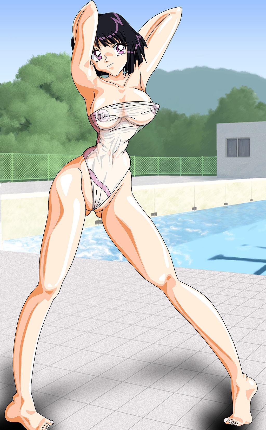 arms_up bikabika bishoujo_senshi_sailor_moon breasts female female_only hotaru_tomoe large_breasts one-piece_swimsuit pool purple_eyes purple_hair rule34 see-through see-through_swimsuit short_hair solo swimsuit tagme