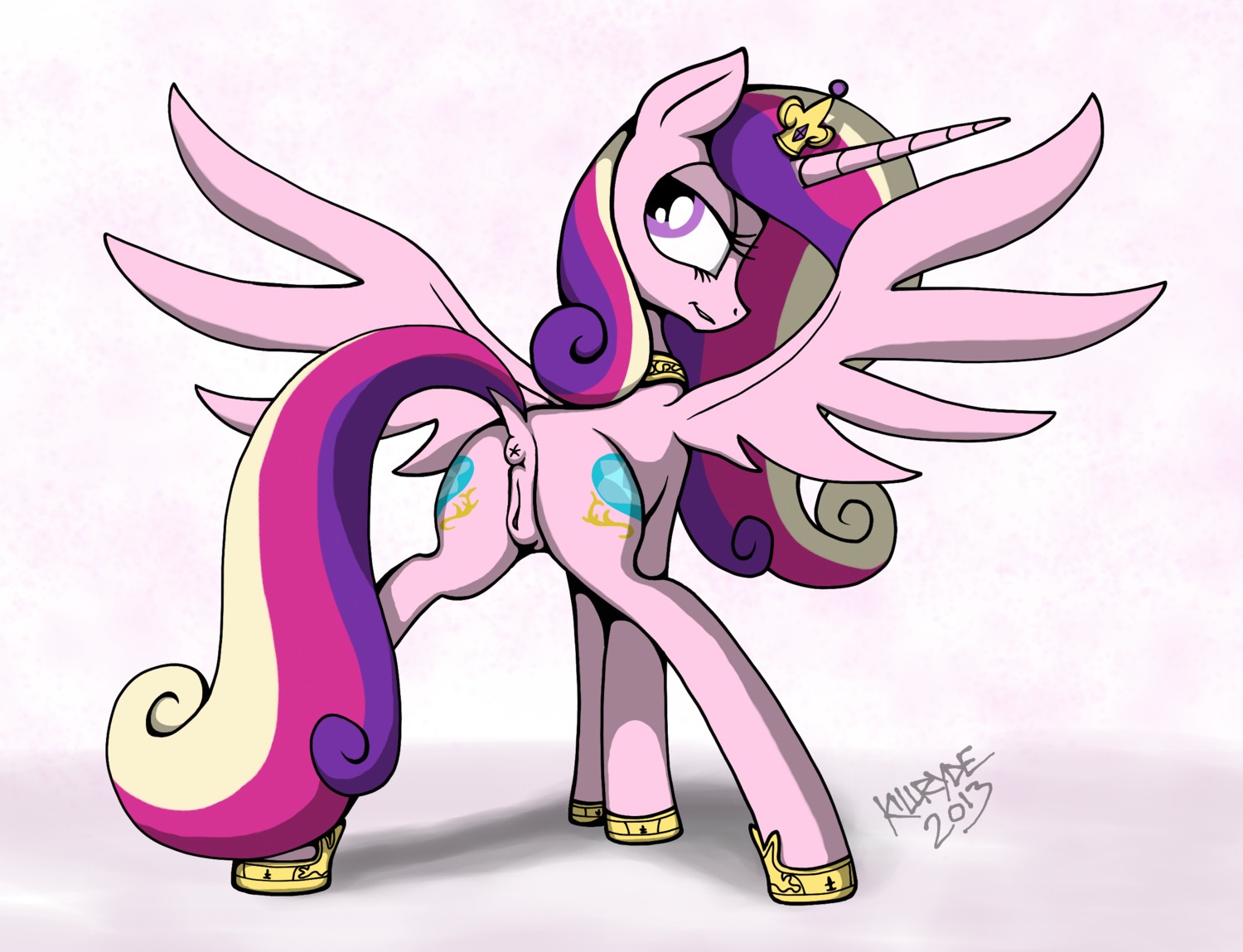 2013 anus bedroom_eyes big_eyes butt cutie_mark e621 equid equine feathered_wings feathers female feral friendship_is_magic fur genitals half-closed_eyes hasbro hi_res horn killryde looking_back mammal my_little_pony mythological_creature mythological_equine mythology narrowed_eyes nude pink_body pink_feathers pink_fur presenting presenting_hindquarters princess princess_cadance_(mlp) purple_eyes rear_view royalty seductive simple_background solo spread_legs spreading standing vulva white_background winged_unicorn wings