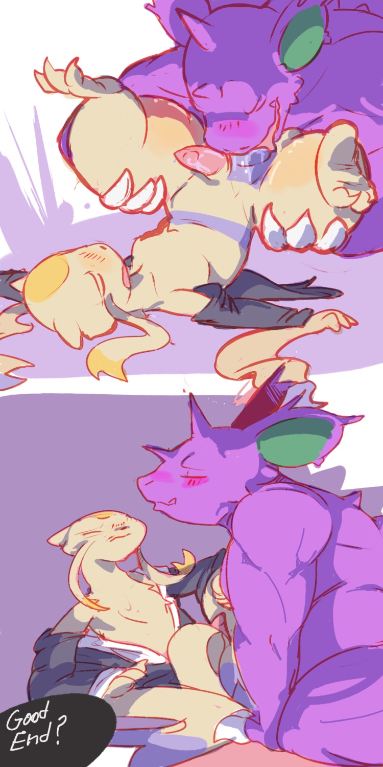 1:2 anal anal_penetration anthro balls black_tie_(suit) blush bodily_fluids butler clothing duo e621 english_text erection eyes_closed femboy from_front_position front-quarter_view front_view generation_1_pokemon generation_5_pokemon genital_fluids genitals grabbing_both_legs hi_res legs_above_head legs_up licking looking_pleasured lying male male/male male_penetrated male_penetrating male_penetrating_male mammal mienshao missionary_position multiple_scenes mustelid nidoking nintendo on_back open_mouth oral penetration penis pokemon pokemon_(species) precum question rimming saliva sex shamelesss shoulder_stand side_view size_difference small_penis smaller_rimmed spread_legs spreading suit text tongue tongue_out tongue_showing torn_clothing