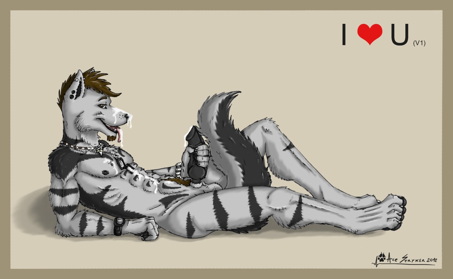 2012 abs ace_stryker after_masturbation animal_genitalia animal_penis anthro arm_support balls biceps biped black_body black_fur black_penis bodily_fluids bracelet brown_eyes brown_hair canid canine canine_genitalia canine_penis canis claws clock cum cum_in_mouth cum_in_own_mouth cum_in_self cum_inside cum_on_belly cum_on_body cum_on_chest cum_on_face cum_on_own_face cum_on_own_tongue cum_on_self cum_on_tongue cum_string cumshot dog_tags e621 ear_piercing ejaculation erection facial_hair fangs fur genital_fluids genitals grey_body grey_fur grin hair hi_res jewelry knot leaking looking_at_viewer lying male mammal markings masturbation muscular muscular_anthro muscular_male necklace nipples nude on_back open_mouth orgasm pecs penile penile_masturbation penis piercing sheath side_view smile solo stripes tail teeth tongue tongue_out watch wolf