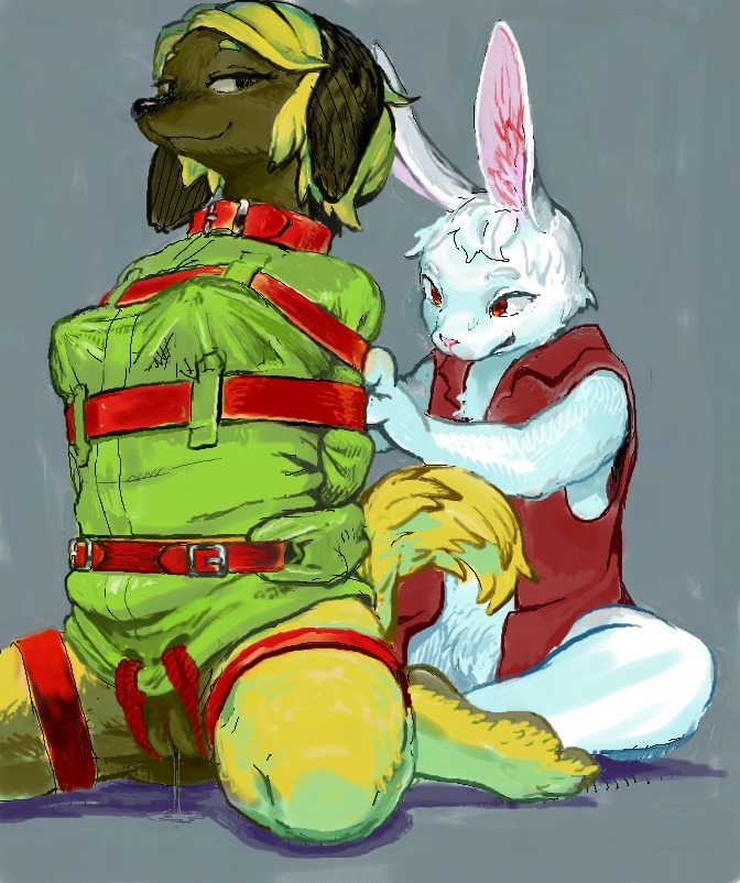 anthro bdsm bodily_fluids bondage bound canid canine canis domestic_dog duo e621 female frogtied genital_fluids genitals gizee hands_behind_back kigoh-neko lagomorph legs_tied leporid male male/female mammal rabbit restraints romantic romantic_couple sitting straitjacket vaginal_fluids vulva