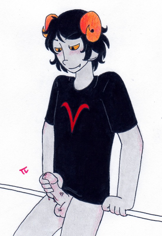 1boy aradia_megido black_hair blush fang grey_skin homestuck horns male masturbation ms_paint_adventures pandemoniumincarnate penis pointy_ears precum rule34 rule_63 shirt short_hair smile solo source_request troll white_background yellow_eyes