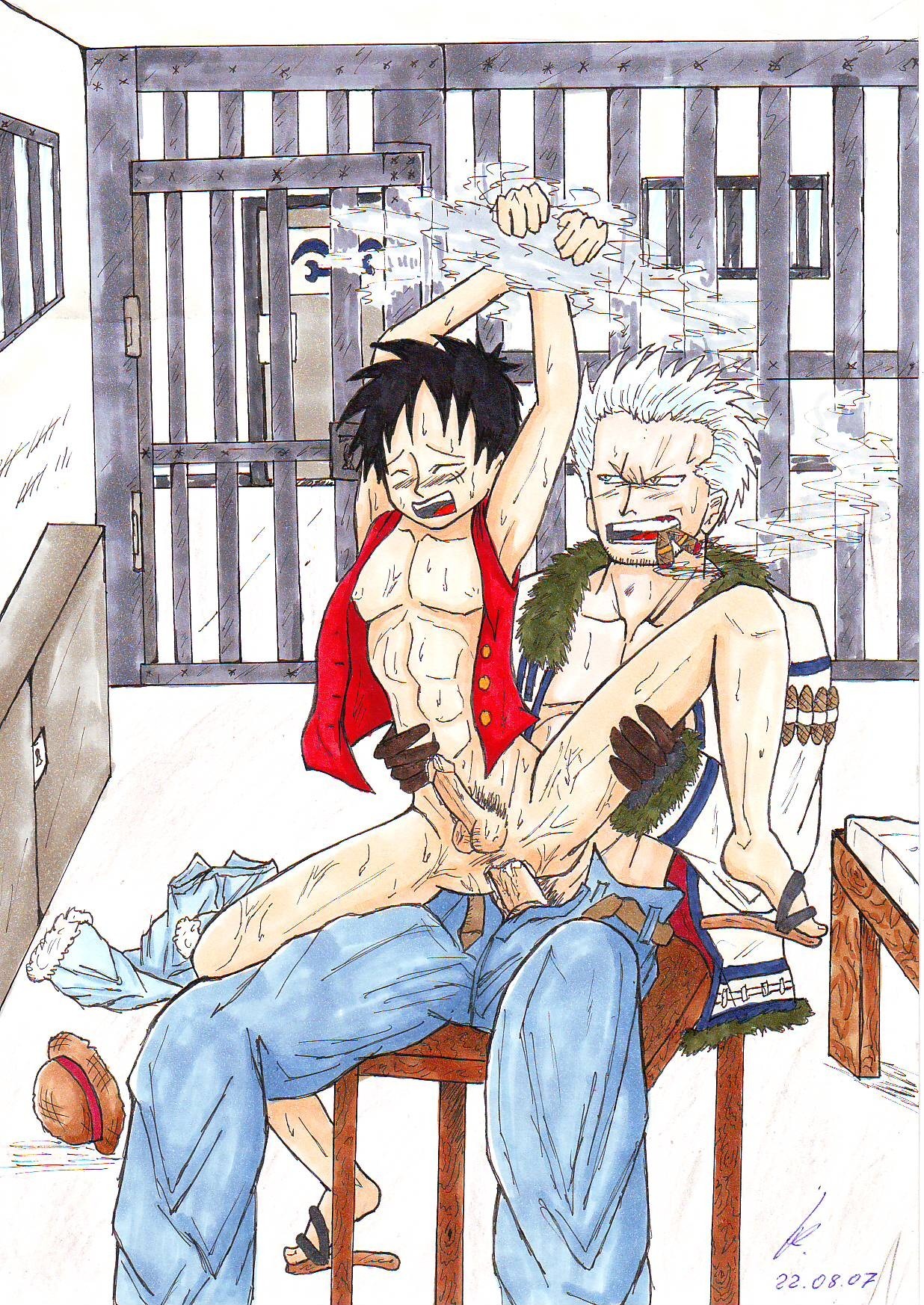 2boys akuma_no_mi anal bondage gay male male_only malesub moku_moku_no_mi monkey_d_luffy multiple_boys multiple_males one_piece penis prison rule34 sex smoker_(one_piece) smoking straight_hair yaoi