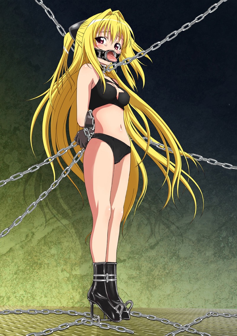 arms_behind_back blonde_hair bondage bra breasts chains collage_(artist) female gag gagged high_heels konjiki_no_yami open_mouth_gag panties ring_gag rule34 saliva small_breasts steel_bondage tears to_love-ru tongue tongue_out