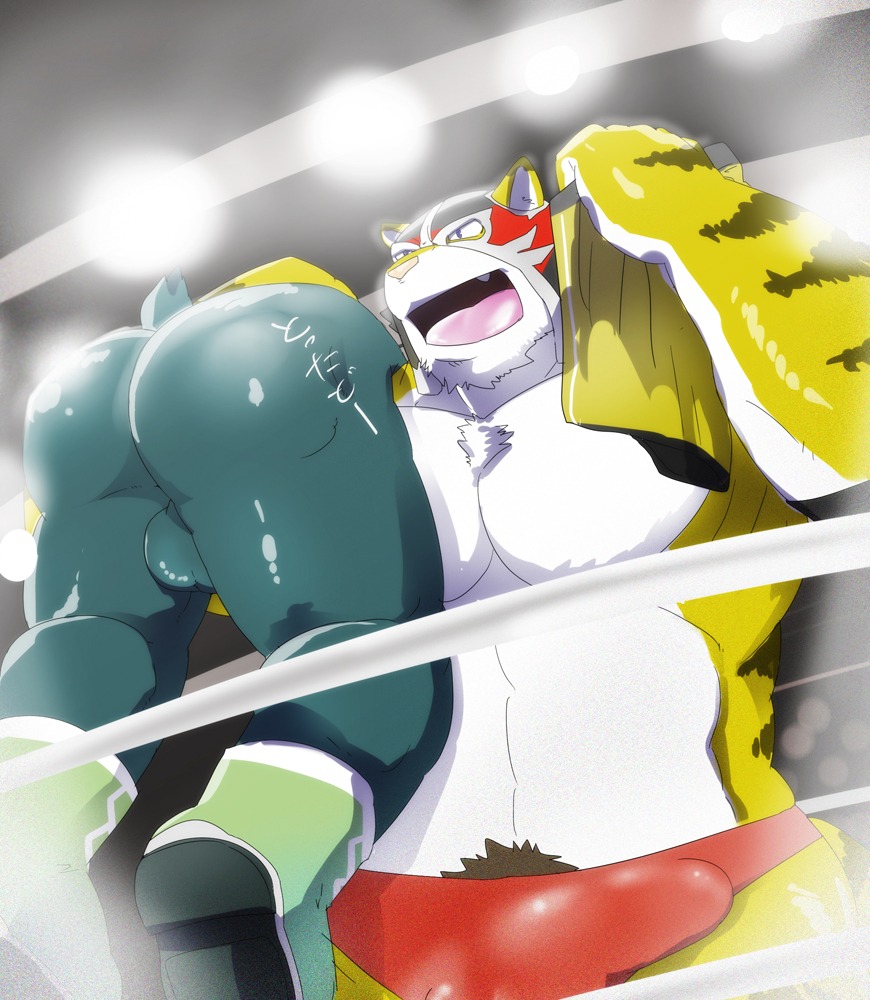 anthro balls biceps big_muscles body_hair bottomwear carrying_another clothed clothing competition debirobu duo e621 erection felid fighting_ring fur genitals happy_trail male male/male mammal mask muscular muscular_male open_mouth pantherine penis sex sexual_competition sexual_fight shorts shoulder_carry thong tiger tongue topless underwear wrestler wrestling