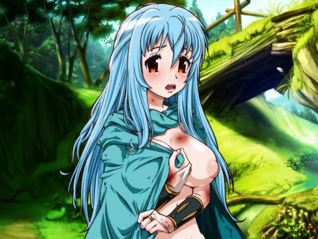 background beige_skin blue_hair blush breasts bruise color dragon_quest dragon_quest_iii female female_only forest human injury inverted_nipples kate_sai large_breasts long_hair nipples orange_eyes partially_clothed rule34 sage_(dq3) solo topless torn_clothes