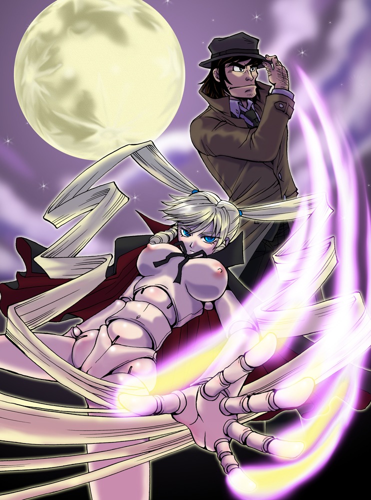 1girls 2009 android blonde_hair blue_eyes breasts cape female gamia_q large_breasts light-skinned_female light_skin long_hair male mazinger mazinger_z moon naked_cape night nipples nude ousawa_ugetsu rule34 tagme twintails villainess