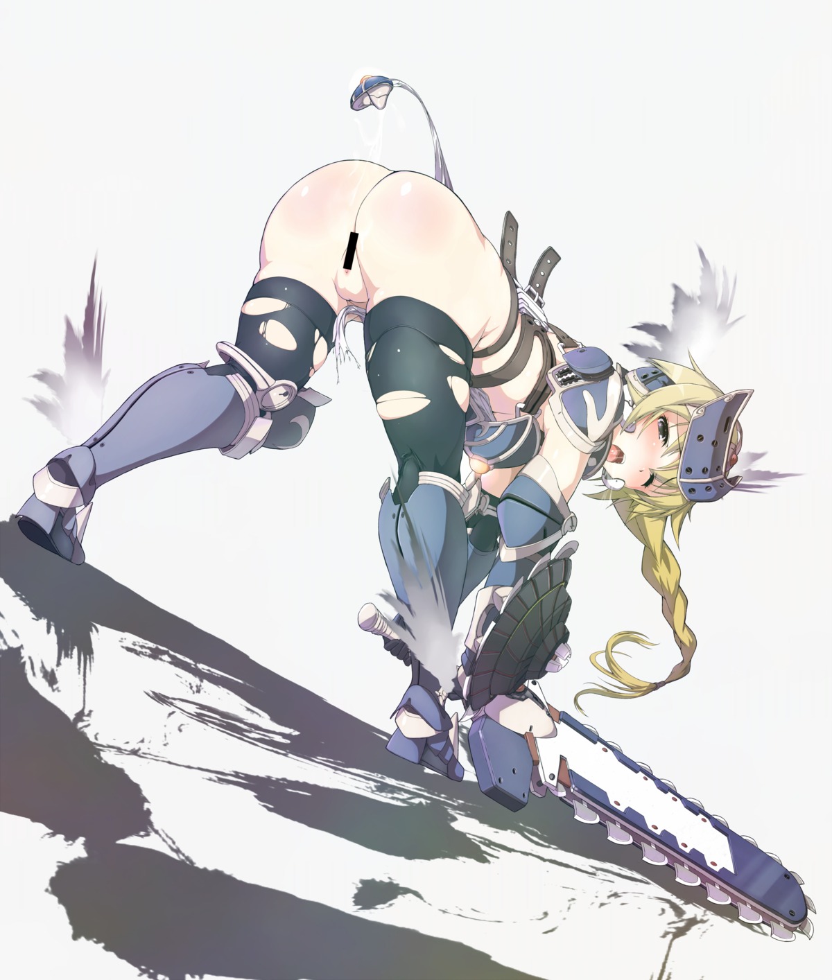 again alternate_hair_color armor ass bent_over black_legwear blonde_hair blush boots censored female from_behind high_resolution long_hair looking_back mirim open_mouth pussy queen's_blade rule34 shield solo standing sword thighhighs torn_clothes weapon wince wink